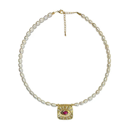 Ketting met zoetwaterparels en evil eye