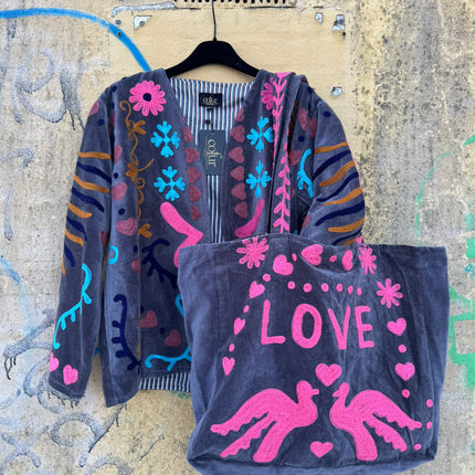 Velvet Love & Peace Jacket – Cofur ☮ Grijsblauw-roze