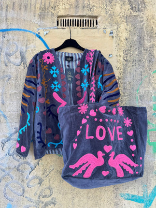 Velvet Love & Peace Jacket – Cofur ☮ Grijsblauw-roze