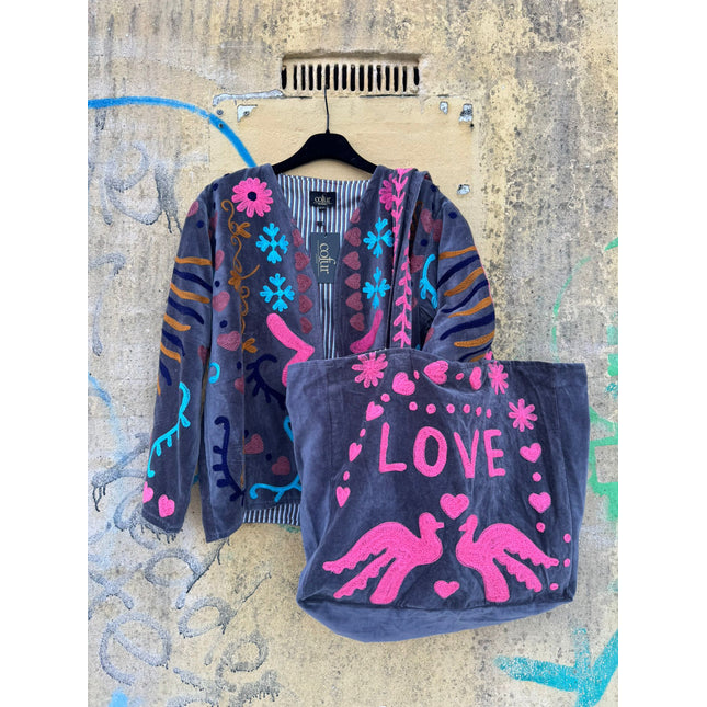 Velvet Love & Peace Jacket – Cofur ☮ Grijsblauw-roze